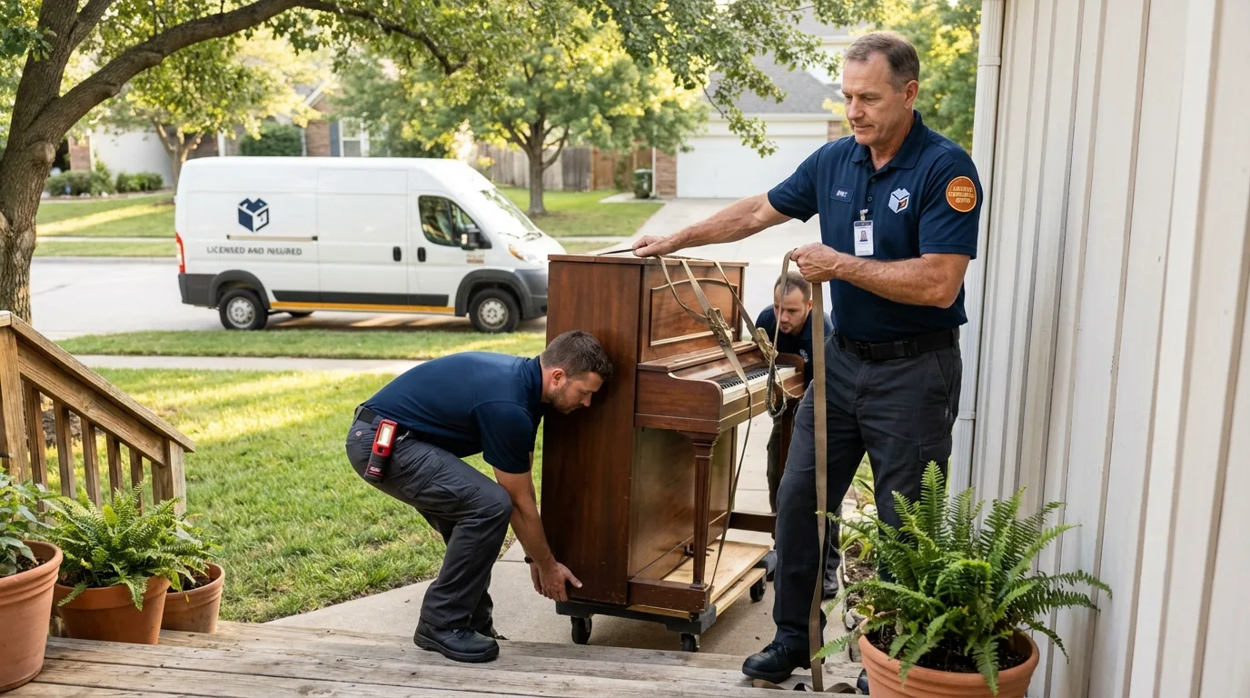 Licensed piano movers securing grand piano in Columbia, IL
