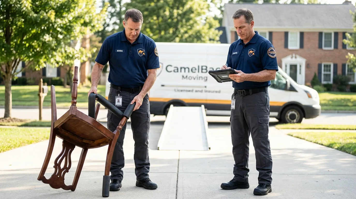 Movers inspecting furniture for damage prevention before loading in Columbia, IL