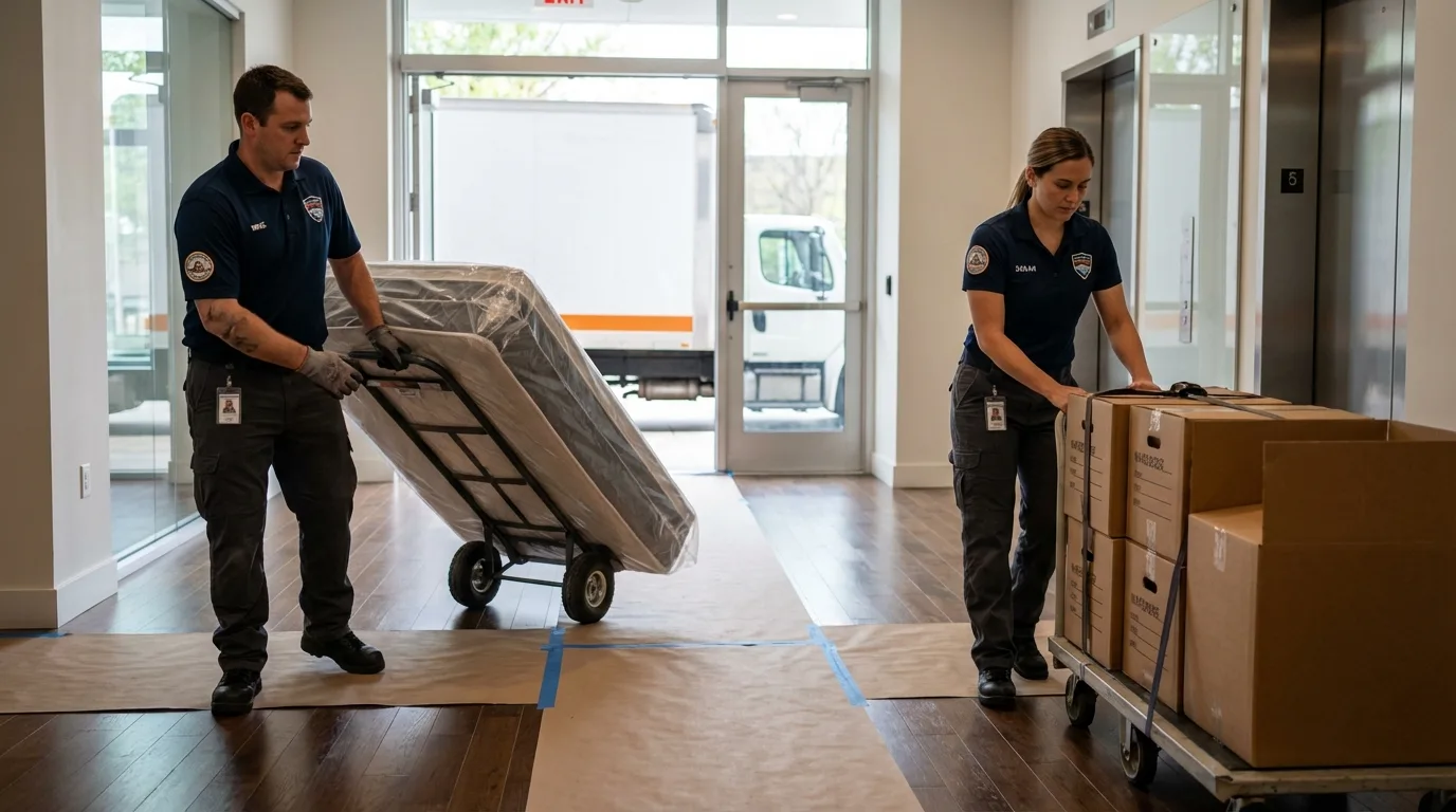 Professional apartment movers loading elevator in Columbia, IL